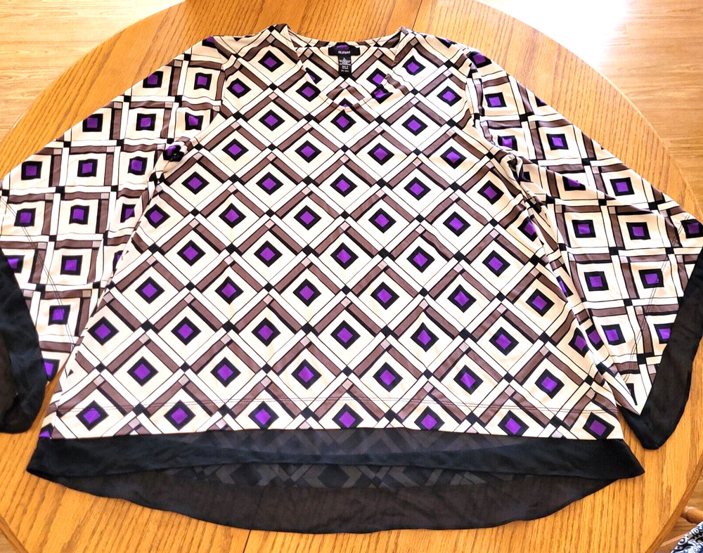 Alfani Bell Long Sleeves Diamond Print Top Blouse L Chiffon Hem Purple Black